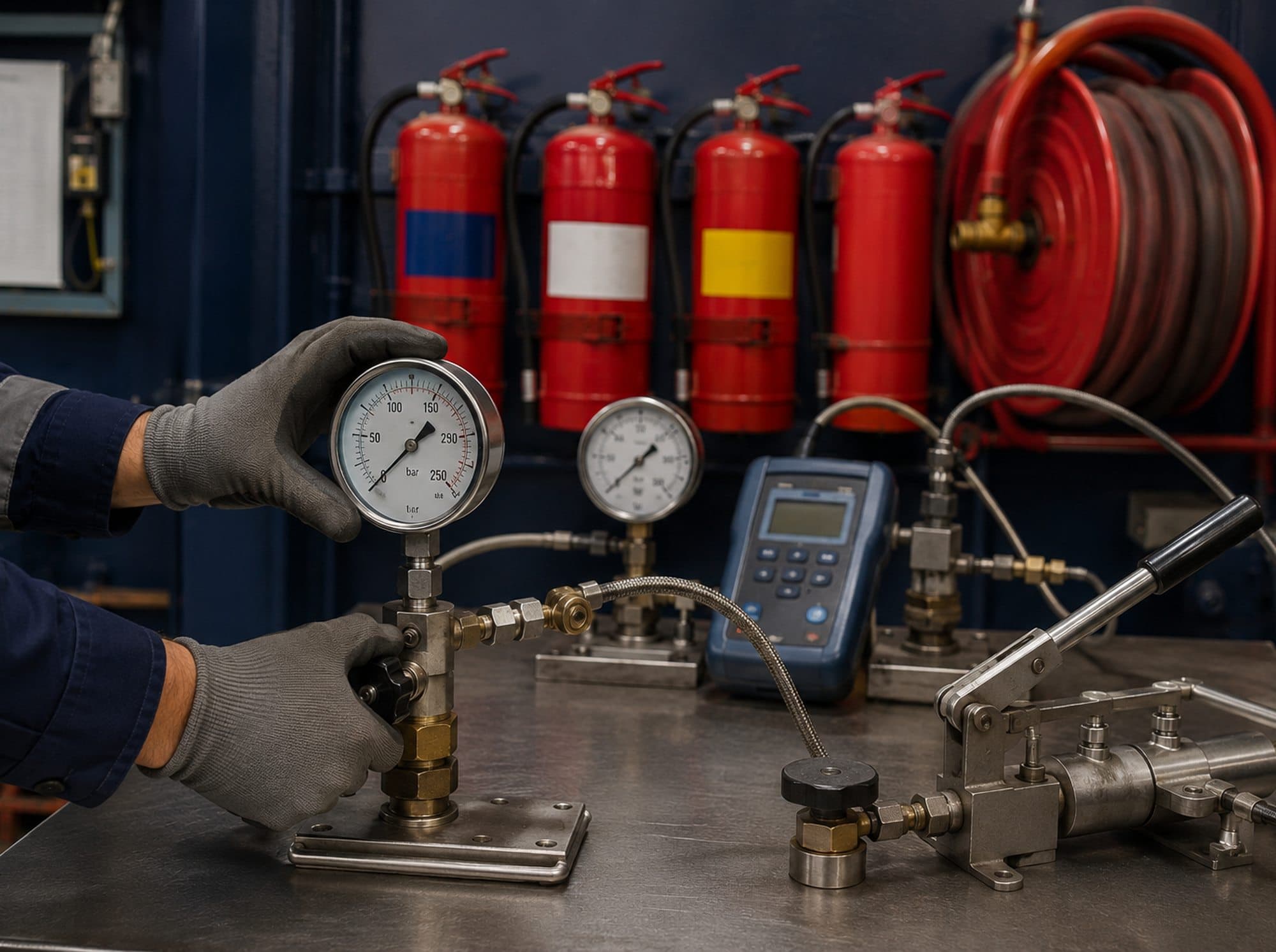 Marine fire-safety and LSA station — extinguishers, fire hoses, breathing apparatus, life jackets, life raft and fireman's outfit with calibration test gear