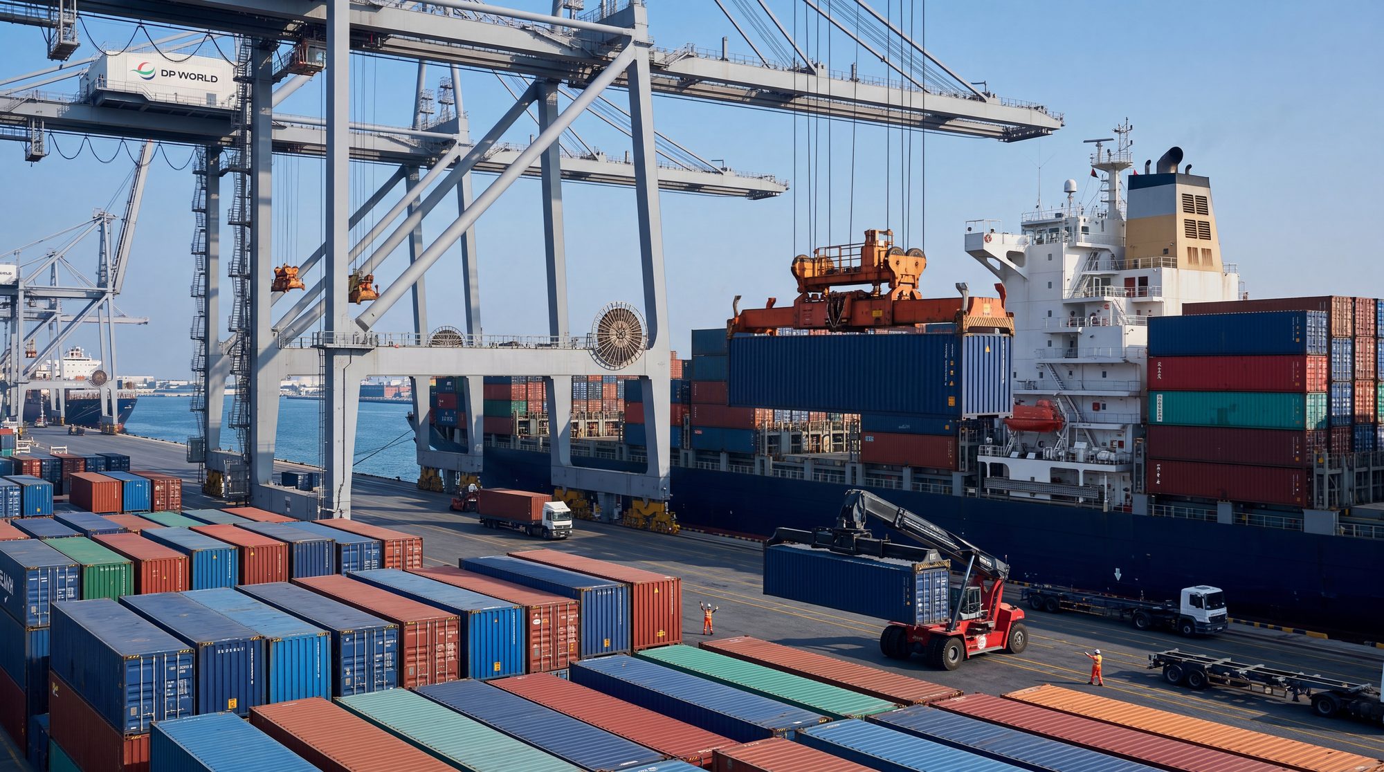 Container ship being loaded by gantry cranes at a DP World terminal in the UAE — shipping agency and port operations