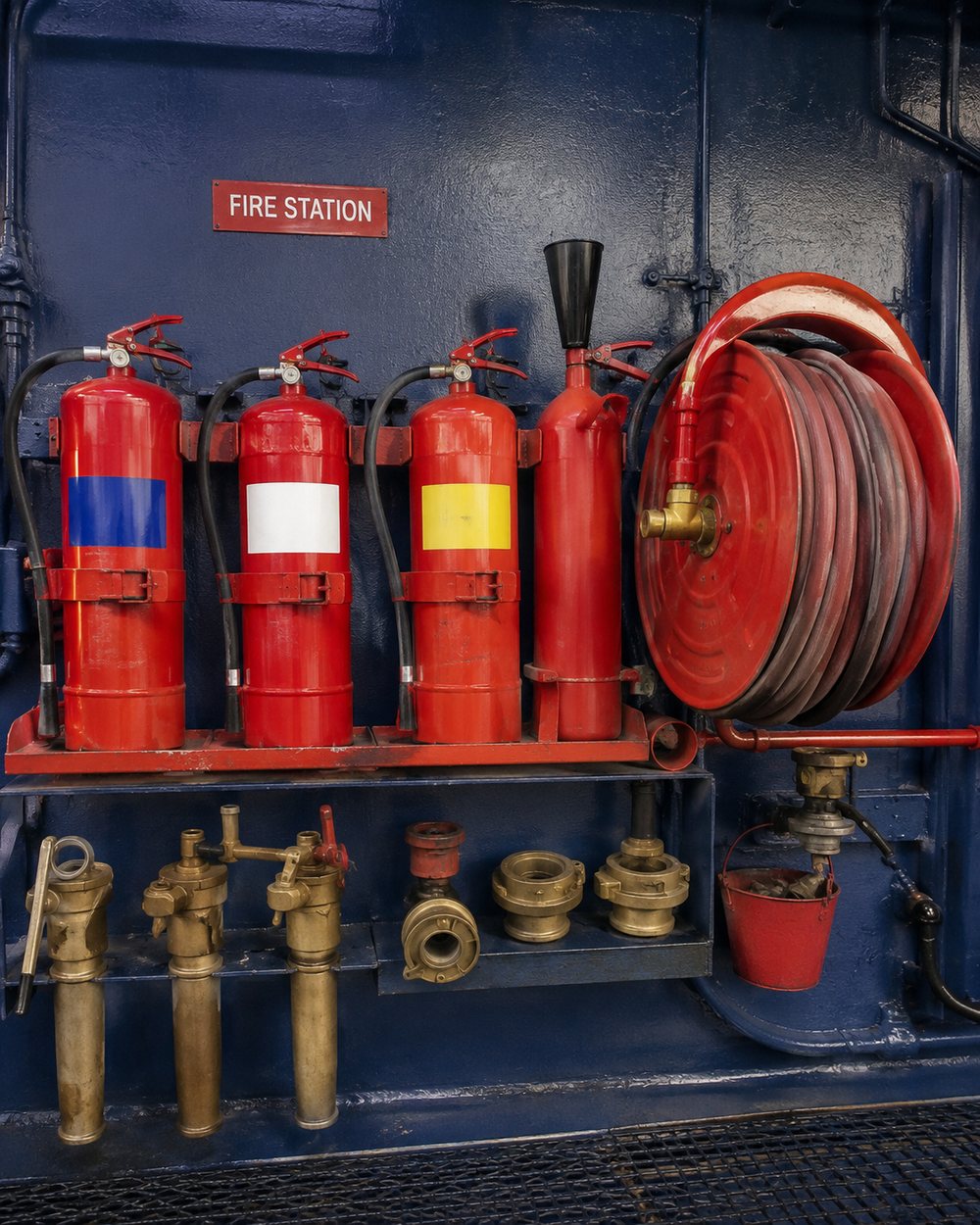 Ship fire station with portable fire extinguishers, fire hose reel and fireman's axe