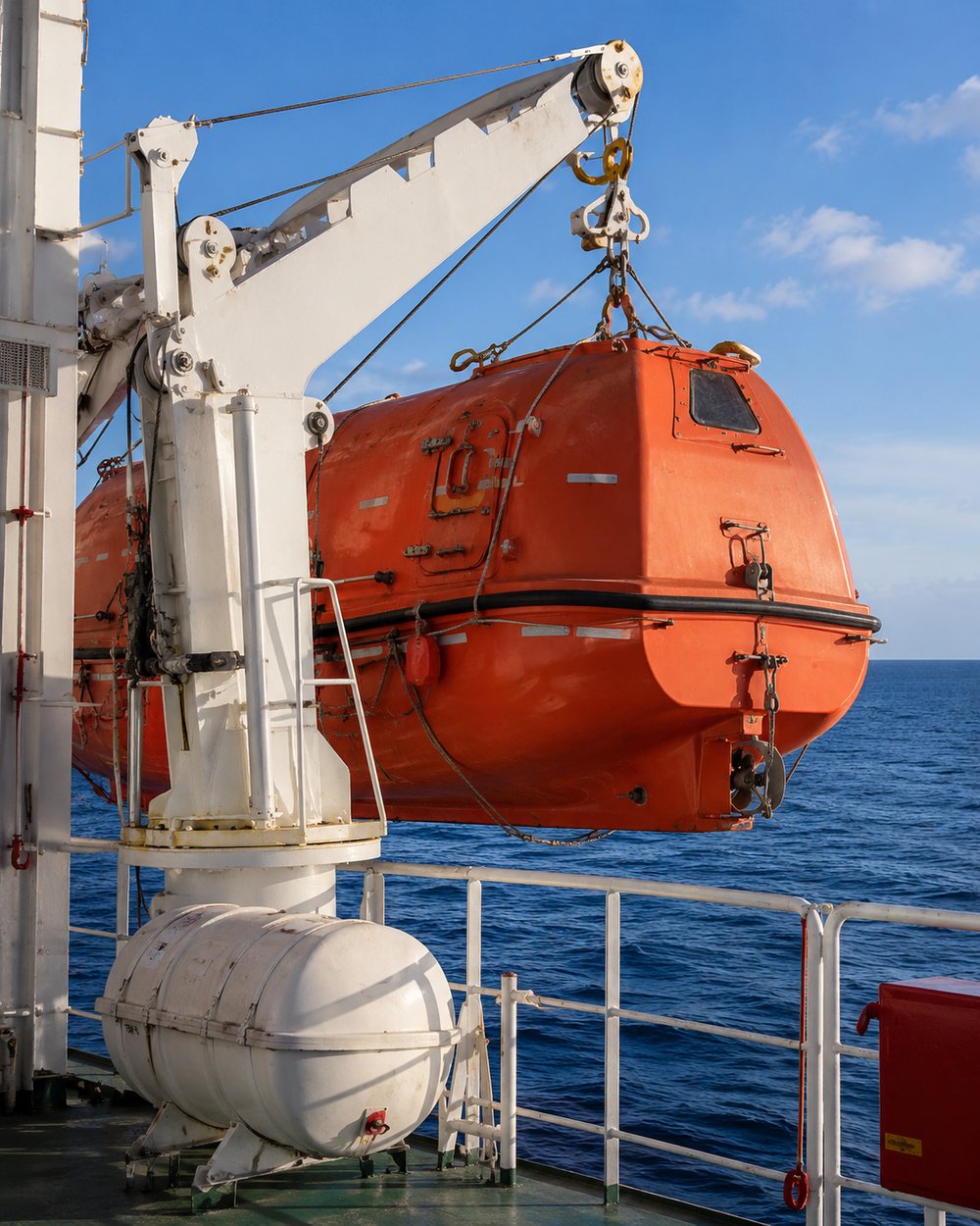 Davit-mounted enclosed lifeboat on a vessel deck for annual LSA inspection and load testing