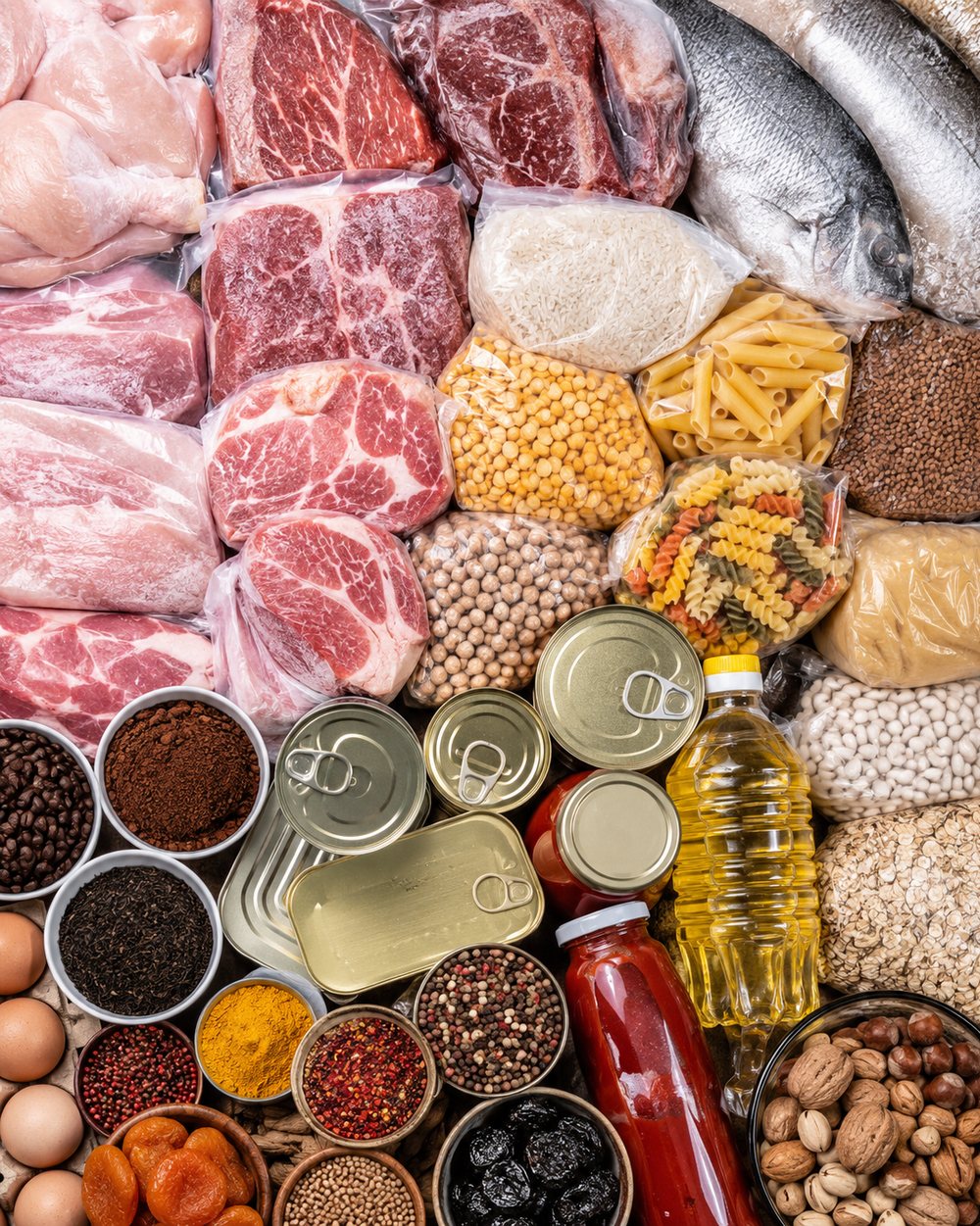 Frozen meats, fish, grains, pasta, canned goods and dry provisions for long-voyage vessel supply