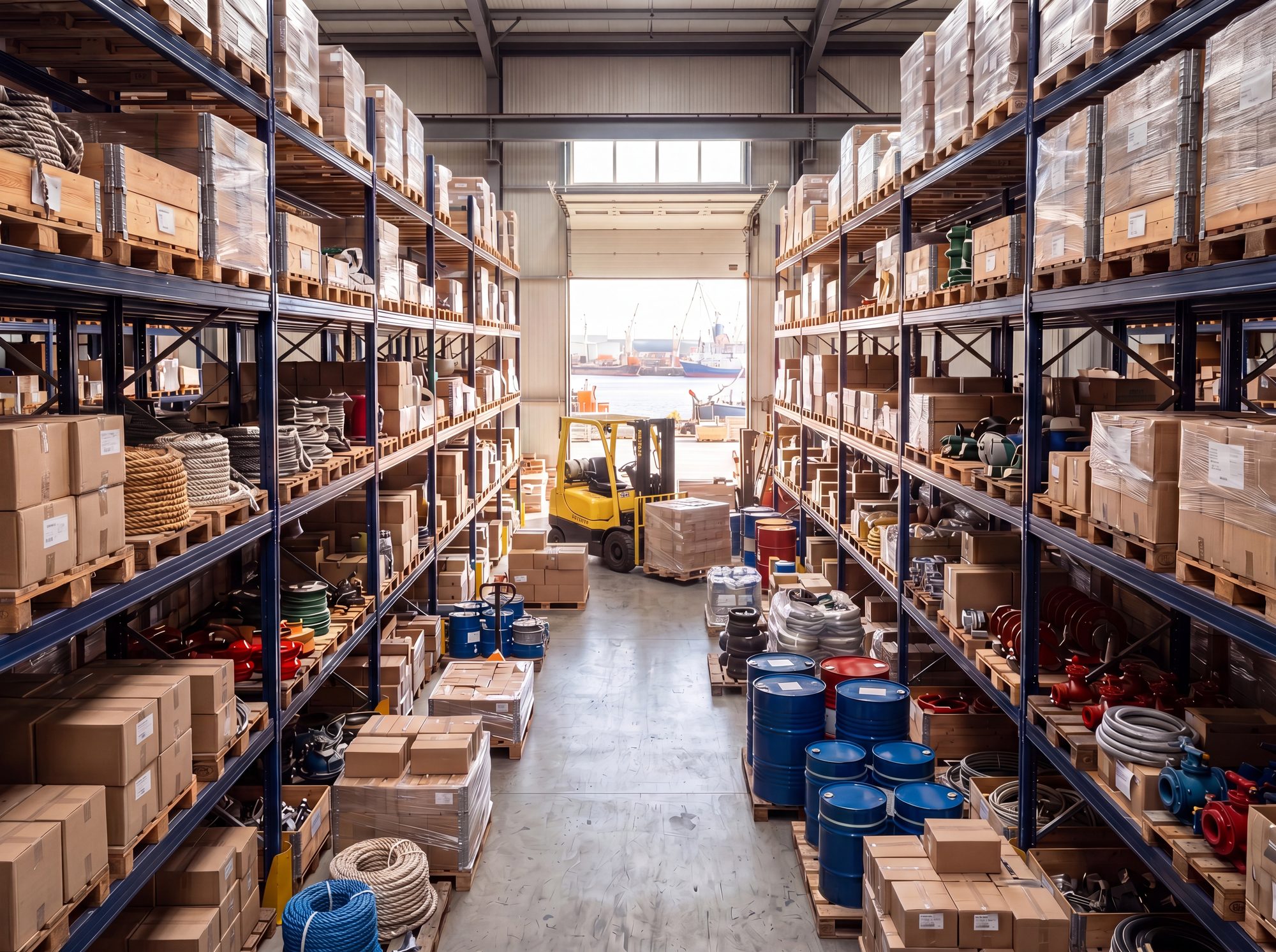 Marine ship stores and supplies on racking inside a Credential Ship Services chandlery warehouse near the port
