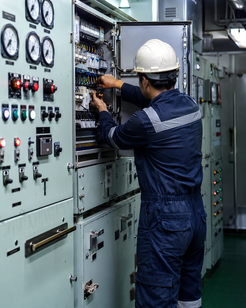 Marine engineer working on a vessel's electrical switchboard and control panel