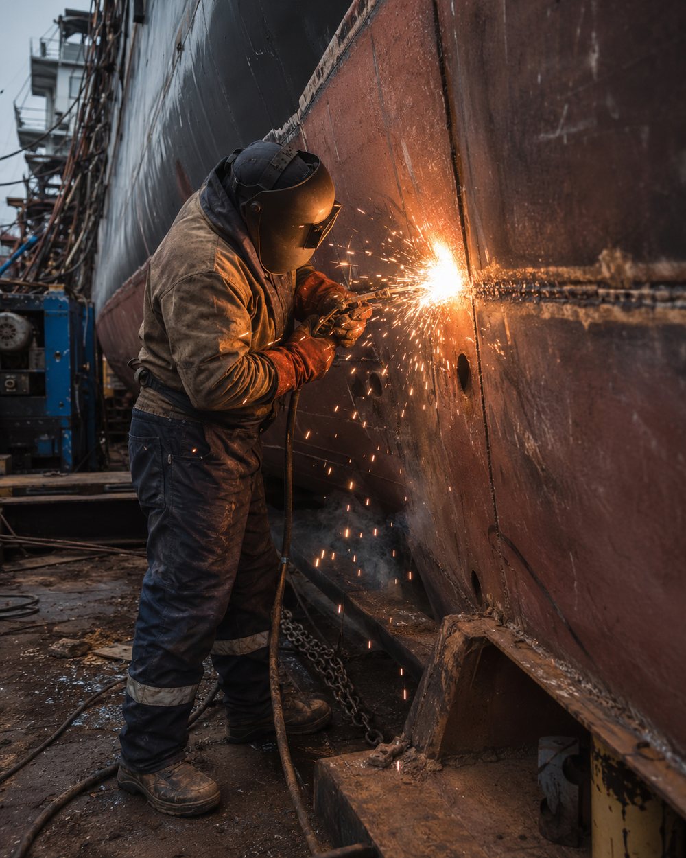 Welding and steel fabrication during marine engineering and ship repair