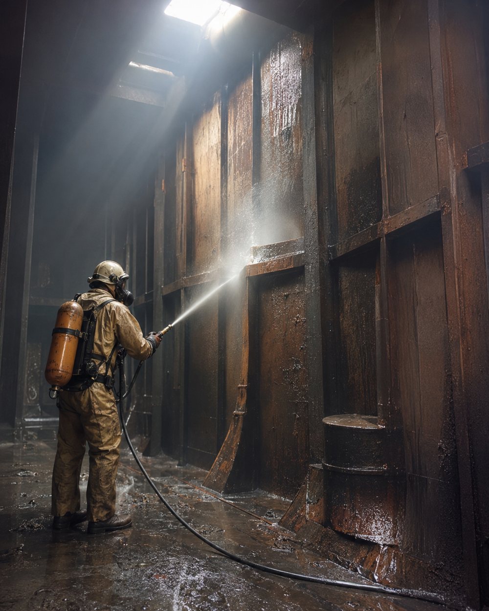 Worker pressure-cleaning the inside of a ship's tank in protective equipment