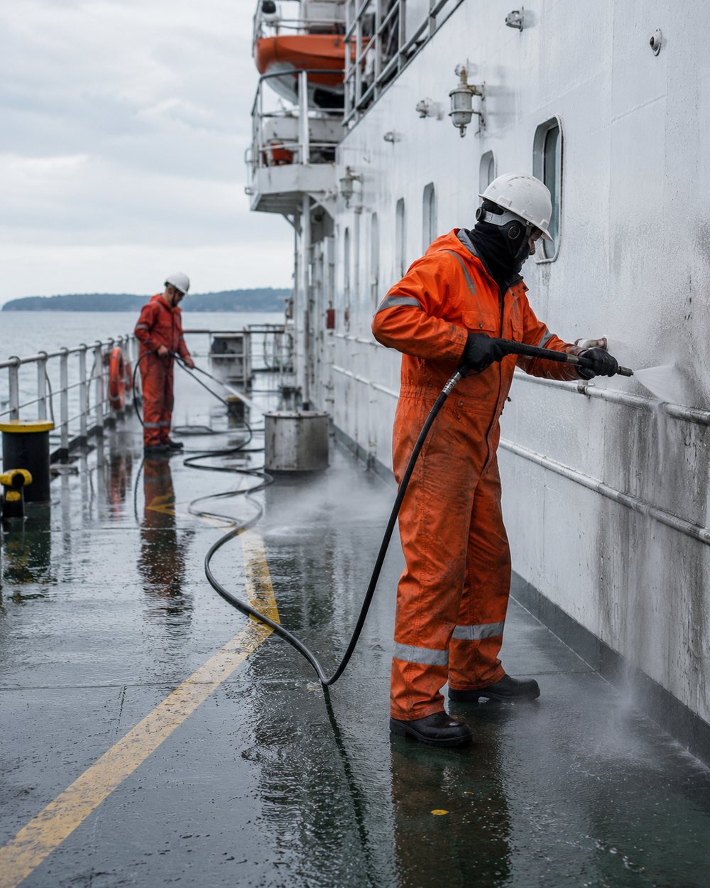 Crew pressure-washing a vessel deck during exterior cleaning and housekeeping